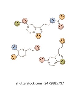 Retro groovy funny cartoon chemical structures molecular formula dopamine serotonin. Human organ anatomy medical illustration.