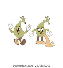 Retro groovy funny cartoon happy and sad Gallbladder. Human organ anatomy medical illustration.