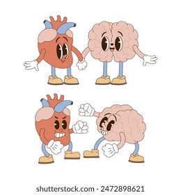 Retro groovy lustige Cartoon Herz und Gehirn Freundschaft und Kampf. In: Human Organ Anatomy Medical Illustration.