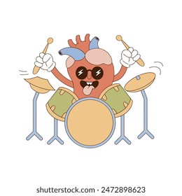 Retro groovy funny cartoon heart drummer. Human organ anatomy medical illustration.