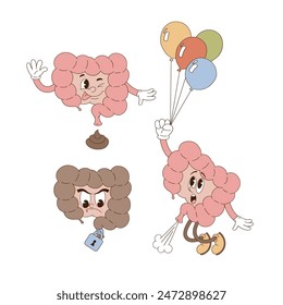 Retro groovy funny cartoon Intestines. Human organ anatomy medical illustration.