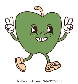 Retro groovy funny character green apple. Naughty fruit is smilling. Vector flat illustration isolated on white background.	