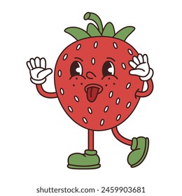 Retro groovy divertido personaje de fresa. La fruta roja traviesa hace muecas. Ilustración plana de Vector aislada sobre fondo blanco.