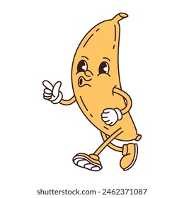 Retro groovy funny fruit. Naughty anthropomorphic character yellow banana. Vector flat illustration isolated on white background