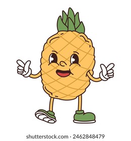 Retro groovy funny fruit. Naughty anthropomorphic character yellow pineapple on white background. Vector flat illustration.