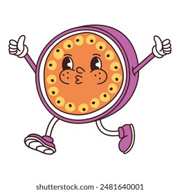 Retro groovy funny fruit. Naughty anthropomorphic character passion fruit on white background. Vector flat illustration