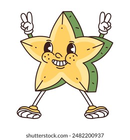 Retro groovy funny fruit. Naughty anthropomorphic character carambola on white background. Vector flat illustration