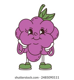 Retro groovy funny fruit. Naughty anthropomorphic character grape on white background. Vector flat illustration