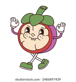 Retro groovy funny fruit. Naughty anthropomorphic character mangosteen on white background. Vector flat illustration