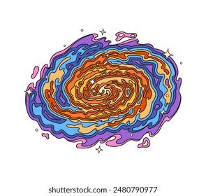 Retro groovy galaxy. Isolated cartoon vector vibrant, colorful space swirl in orange, blue, purple and yellow with glowing stars. Dynamic psychedelic galaxy or nebula vortex, cosmic celestial wonder