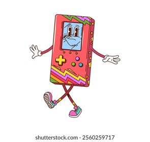 Retro groovy gamepad character. Isolated cartoon vector cheerful, vintage handheld gaming console device personage with happy face, cheerfully walking and whistling playful melody ready to play a game