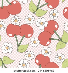 Retro groovy garden berry cherry with daisy flowers on checkerboard vector seamless pattern. Hand drawn natural organic healthy food vegetables fruit floral background.