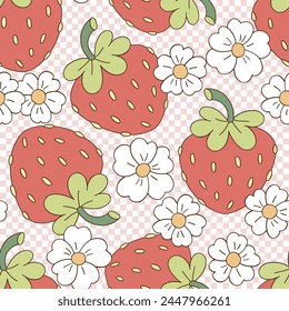 Retro groovy garden berry strawberry with daisy flowers on checkerboard vector seamless pattern. Hand drawn natural organic healthy food vegetables fruit floral background.