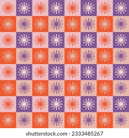 Retro groovy geometric seamless repeat pattern design with purple and orange color palette vector. Checkered funky motif