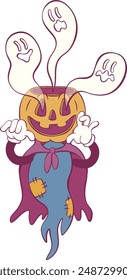 Retro groovy ghost halloween mascot character