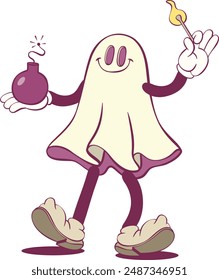 Retro groovy ghost halloween mascot character