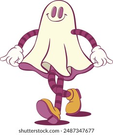 Retro groovy ghost halloween mascot character