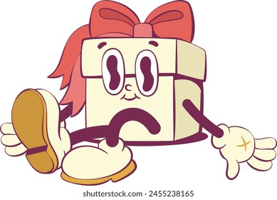 Retro groovy gift box mascot character