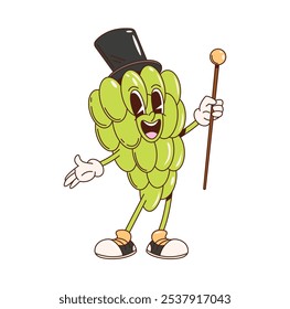 Caractere retrô groovy grapes berry. Vetor isolado de desenhos animados alegre uva verde vestida com um chapéu de topo e segurando uma bengala. Funky cacho de uvas cavalheiro com olhos grandes e sorriso largo usa tênis