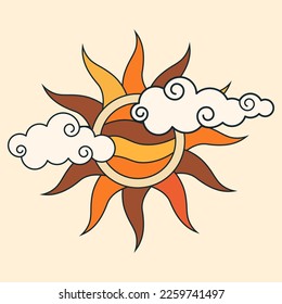 Retro groovy graphic element of the sun in clouds. Abstract boho symbol of the 70s style. Vector illustration design for posters, t-shirt, cards and stickers.