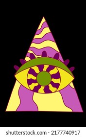 Retro-Groovy Grafik Element von Dreieck und Auge mit abstrakten Wellen. Vektorgrafik im Trippy-Säure-Rave-Stil.