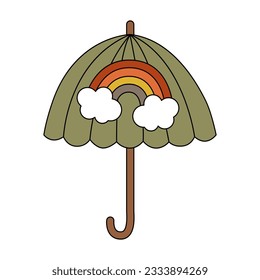 Retro groovy green umbrella with rainbow. Accessory with handle for rain protection. Cartoon isolated vector illustration