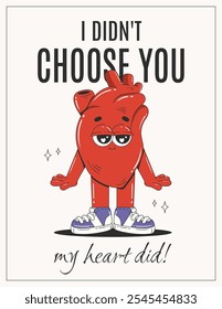 Retro groovy greeting card with realistic cartoon red heart. Happy Valentines day poster. Love concept. Vintage vector illustration.