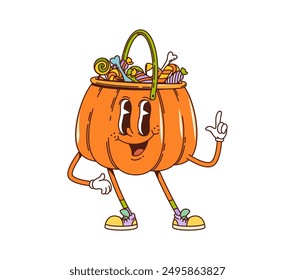 Personaje de la canasta de Halloween retro. Calabaza de Vector de dibujos animados aislada llena de dulces de truco o golosina, usando zapatillas deportivas, sosteniendo el dedo índice hacia arriba como si estuviera haciendo un punto con expresión de cara feliz