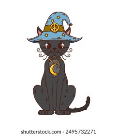 Retro groovy Halloween black cat character. Isolated cartoon vector mystical and whimsical kitten animal personage wearing blue wizard hat with stars and a peace sign, and a crescent moon necklace