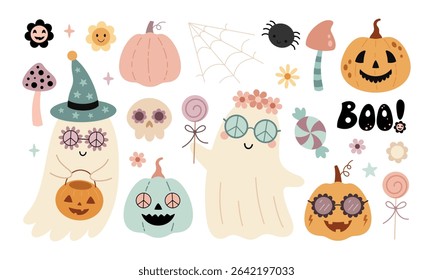 Retro Groovy Halloween clipart set with ghosts, pumpkins, skull, mushrooms, spiderweb, flowers. Spooky seasonal objects, hand drawn vector illustration in flat style