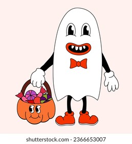 Retro Groovy Halloween Ghost boy with pumpkin and sweets. Vector flat.
