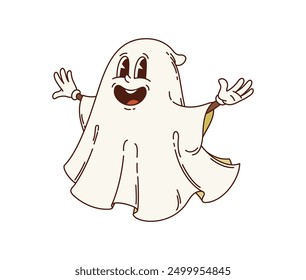 Retro groovy personaje fantasma de Halloween. Vector de dibujos animados aislado travieso y sonriente spook o personaje fantasma flota con amplia sonrisa y manos levantadas. Forma espectral funky celebra noche espeluznante