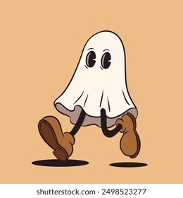 Retro groovy Halloween ghost mascot. Isolated cartoon vector funny ghost character with spooky and funny expression during party night celebration