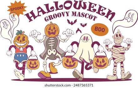 Retro groovy halloween mascot characters