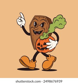 Retro groovy Halloween mascot set. Isolated cartoon vector funny characters, wooden coffin with a pumpkin and a smoke, with spooky and funny expression during party night celebration