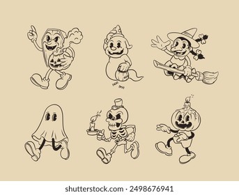 Retro groovy Halloween mascot set. Isolated cartoon vector funny characters, jack o lantern, ghost and skeleton with a candle, flying witch, ghost and wooden coffin with a pumpkin