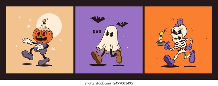 Retro groovy Halloween mascot set. Isolated cartoon vector funny characters, jack o lantern, ghost and skeleton with a candle, with spooky and funny expression during party night celebration