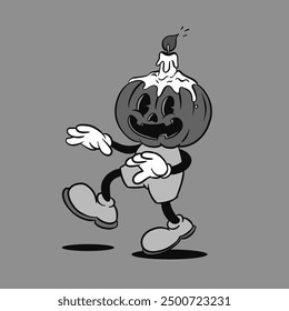 Retro groovy Halloween mascot set. Isolated cartoon vector funny characters, jack o lantern, ghost and skeleton with a candle, with spooky and funny expression during party night celebration