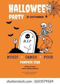 Retro Groovy Halloween Party Invitation. Cute Retro Dancing Skeleton Near a Grave with a Hand, Bats, cobveb, R.I.P. Spooky Season Vector Illustration