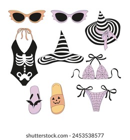 Retro groovy Halloween party on the beach female costume swimsuit and accessories vector illustration set isolated on white. Hand drawn line art drawing style woman swimming bikini sunglasses hat flip