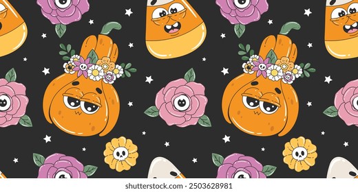 Retro groovy Halloween seamless pattern. Background with cute and spooky pumpkins, candy corns, flowers.
