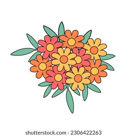 Retro groovy hand drawn bouquet of flowers. Linear color vector illustration.