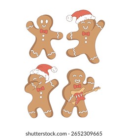 Retro Groovy Hand Drawn Christmas Disco Vector Illustration Set Featuring Dancing, Dabbing, and Guitar Playing Gingerbread Men in Santa Hats. Ideal for holiday party invitations, festive wrapping