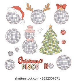 Retro Groovy Hand Drawn Christmas Disco Ball Vector Illustration Set Featuring Festive Disco Balls in Santa Hats, Reindeer Antlers, and Holiday Shapes. Perfect for holiday cards, festive branding