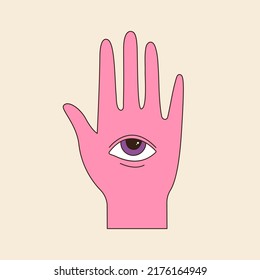 Retro groovy hand with one eye. 60s and 70s vibes psychedelic vector clipart. Cartoon future prediction symbol. Vintage boho illustration. Abstract trippy art
