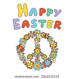 Leche de pascua retro groovy feliz con flores en forma símbolo paz en el estilo de moda de los años 60 de los 70. Viejo estilo clásico de caricatura. Ilustración vectorial plana