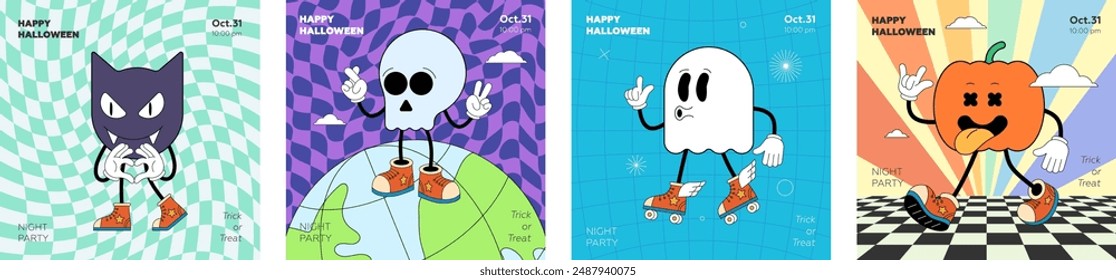 Retro groovy Happy Halloween night party art square banner set. Funky pumpkin, skull, bat and ghost holiday characters on crazy hippy print. Psychedelic hippie abstract flyer. Trendy y2k pop design