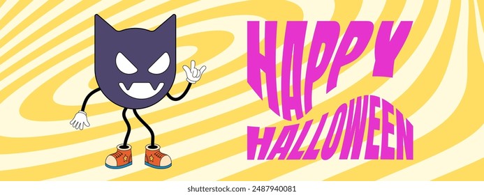 Retro groovy Happy Halloween night party art horizontal banner. Funky bat character on crazy hippy background. Psychedelic hippie abstract print. Trendy y2k pop culture eps design