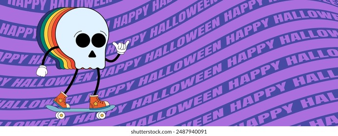 Retro groovy Happy Halloween night party art horizontal banner. Funky skull holiday character on crazy hippy background. Psychedelic hippie abstract print. Trendy y2k pop eps design