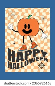 retro groovy happy halloween party art vector